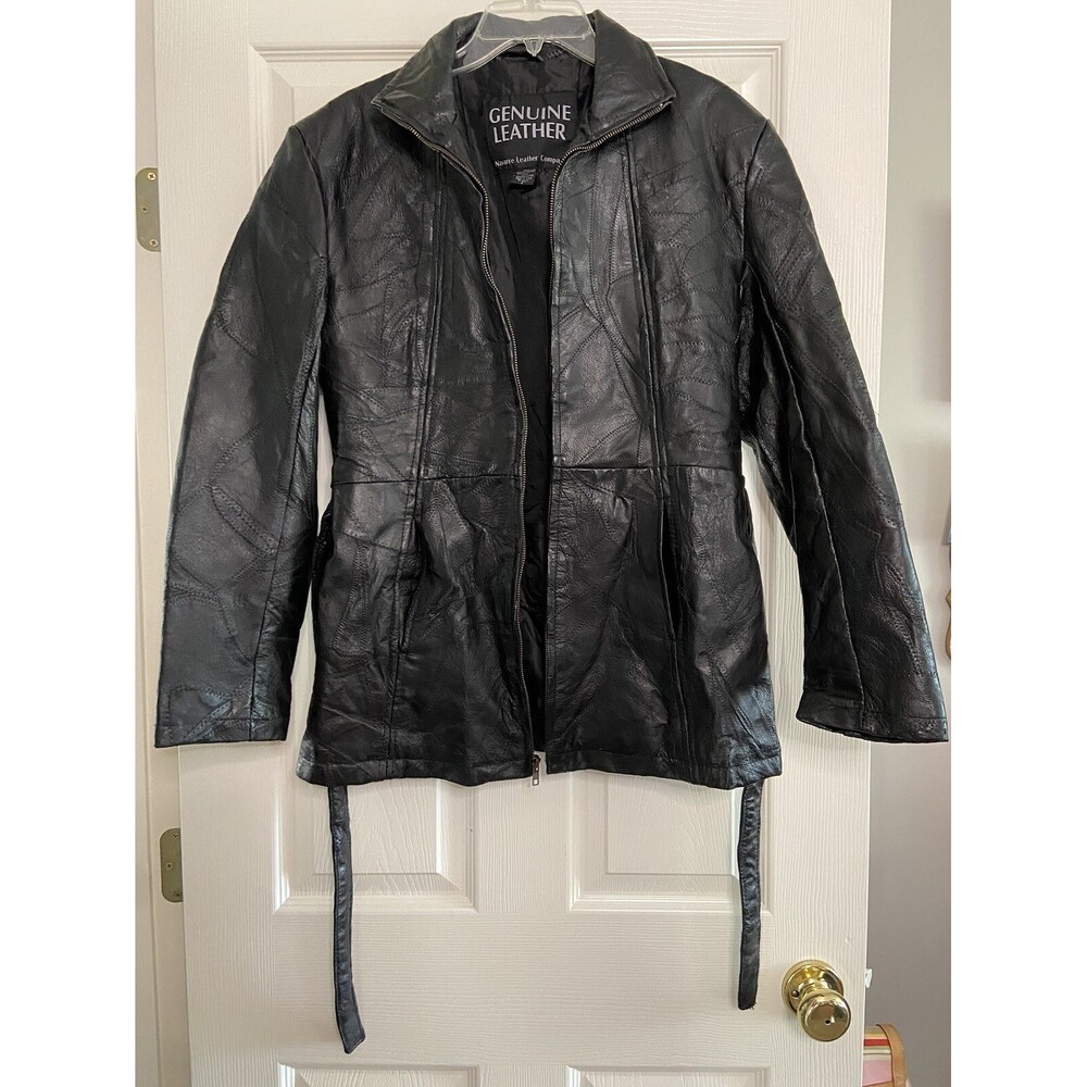 Navarre Leather Co Jacket Womens Size L Leather Full Zip Belted Patchwork Biker